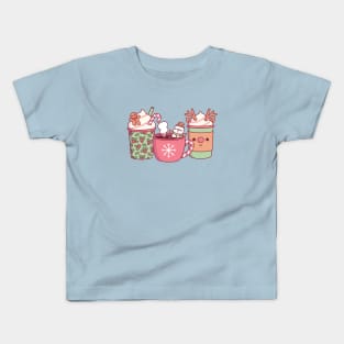 Cute Christmas Coffee Drinks Gingerbread Man, Snowman And Reindeer Kids T-Shirt